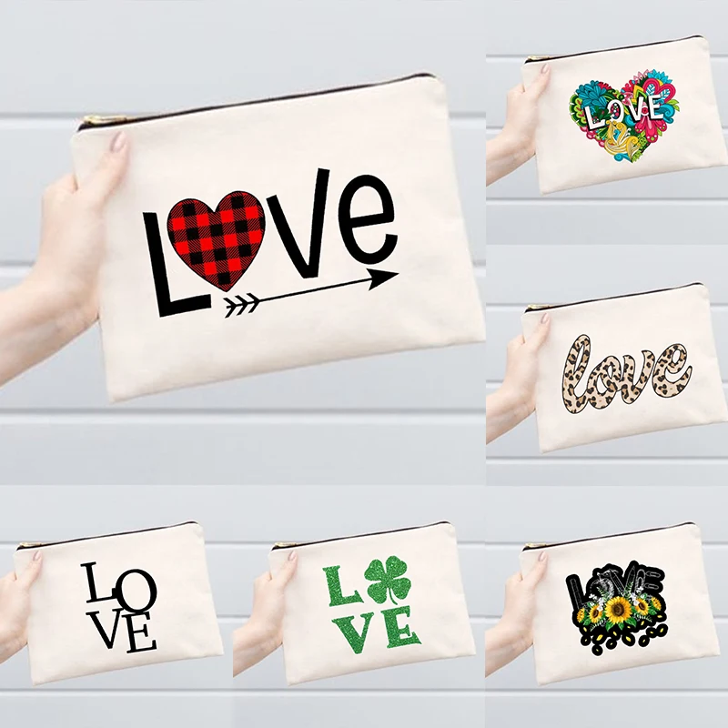 

Love Print Women Makeup Bag Fashion Canvas Female Wash Storage Pouch Travel Cosmetic Case Toiletry Organizer Gift for Friend Mom