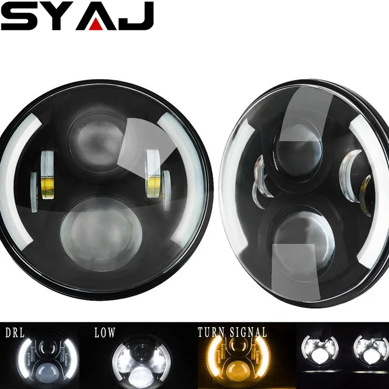 

Free shipping 50w led headlight with white drl amber turn signal 7inch car angel eye halo projector headlights for jeep for UAZ