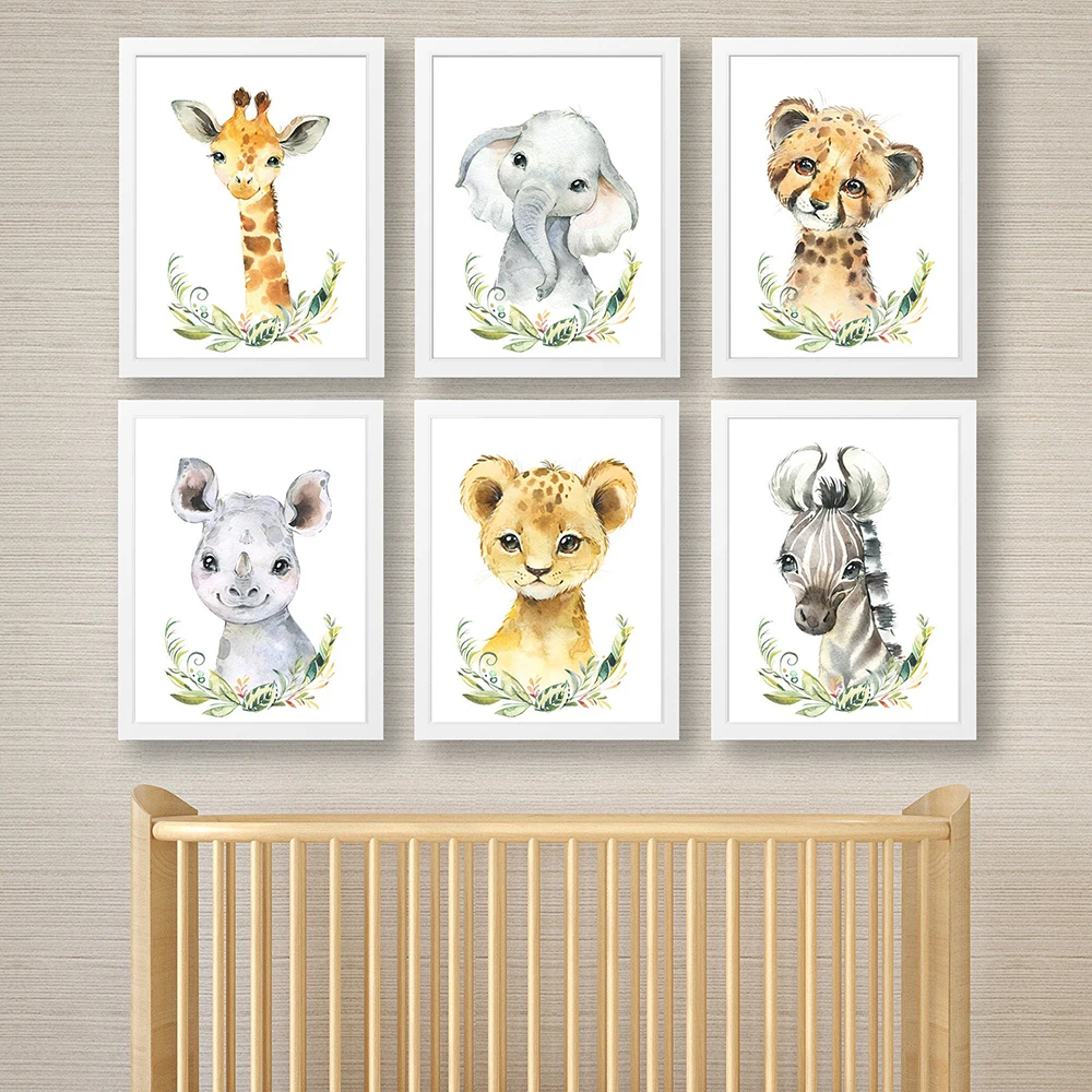 

Watercolor Animal Poster A4 Elephant Giraffe Zebra Cute Cartoon Kindergarten Children Room Decorative Painting Baby Room Decor