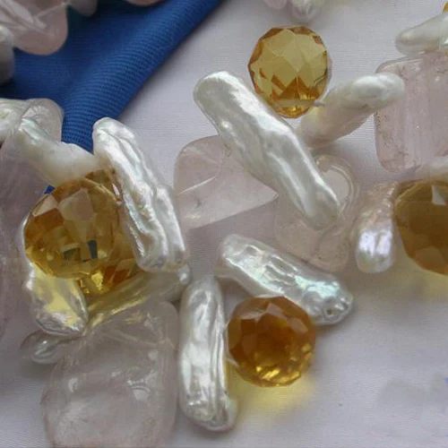 Preço Feito à Mão Real Pérola Colar 3 Linhas Branco Biwa água Doce Pérola Citrino Gotejamento Rosa Contas De Quartzo Jóias Finas Festa Presente Feminino