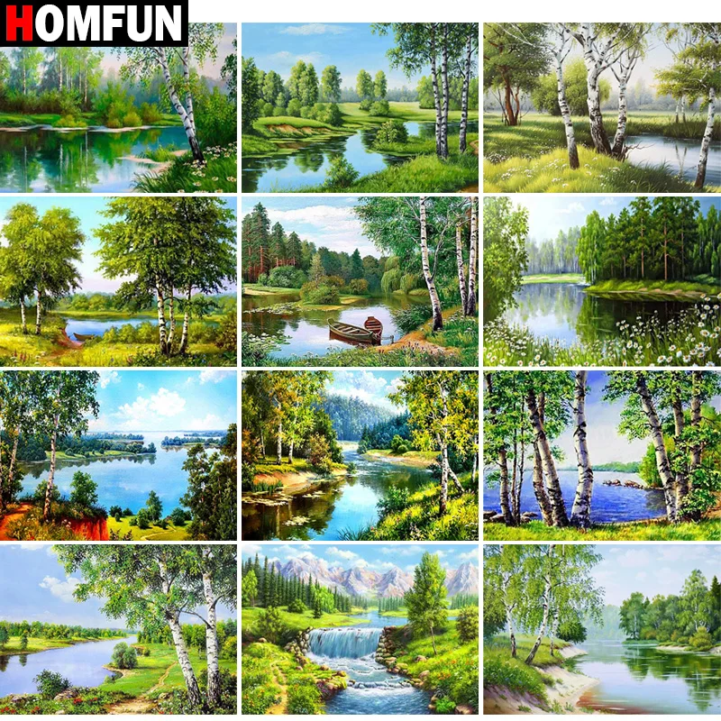 

Алмазная 5D Вышивка HOMFUN «река, вода, дерево, пейзаж», алмазная вышивка, полноразмерная/квадратная алмазная живопись «сделай сам», вышивка крестиком, домашний декор