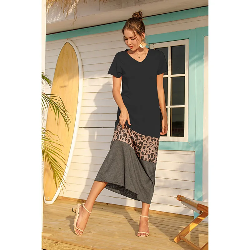 

Summer Leopard Women's Shirt Dress Short Sleeve Straight Long Dresses Contract Color Patchwork Woman Party Girl Casual Clothing