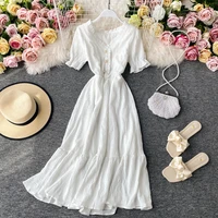 women white dress summer elegant v neck single breasted short flare sleeve vintage dresses female 2020 korean chic robe mujer
