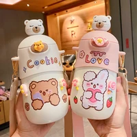 500 ml new kawaii bear thermos bottle cute kids straw water bottle insulated stainless steel student girls thermal drink bottles
