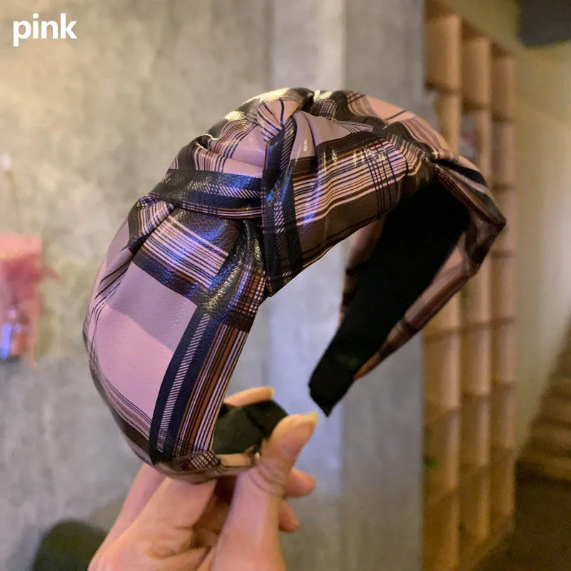 Plaid pink Ретро завязанная повязка на голову ручной работы из искусственной кожи ободок с бантиком женские аксессуары для волос Меховой обруч на голову корейский модный головной убор - Цвет: Plaid pink