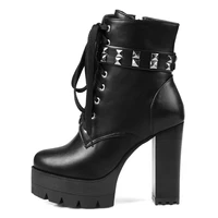 autumn winter high heels black women shoes 2021 fashion retro round toe chunky heels lady shoes rivet cross lacing ankle boots