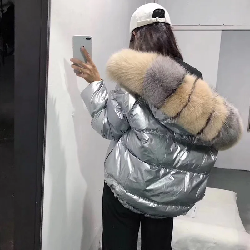 FTLZZ Women Double Sided Silver Golden Duck Down Coat Winter Large Real Fur Collar Waterproof Jacket Hooded Snow Outerwear