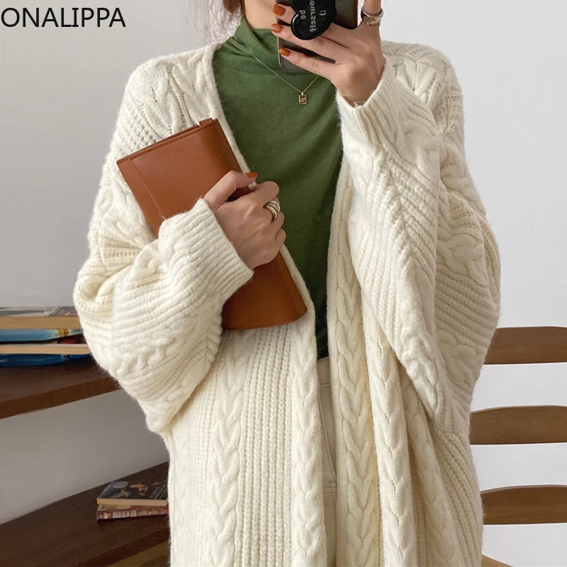 

Onalippa Women Cardigan 2021 Autumn Winter French Elegant Retro Lazy Wind Hemp Pattern Solid Loose Thick Warm Long Sweater Coat