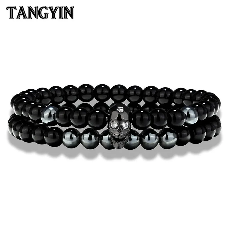 Танинь 2 шт./компл. очаровательные мужские Скелет Череп браслет черный агат
