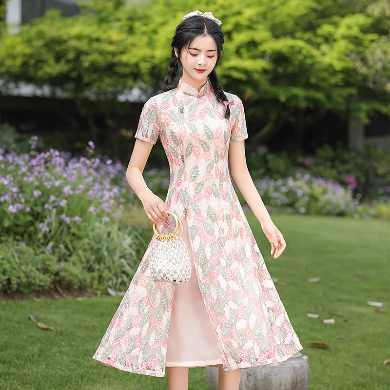 

Кружевное платье Aodai Qipao, женское сексуальное свадебное платье с воротником-стойкой, ажурное платье-Ципао, элегантное китайское платье для в...