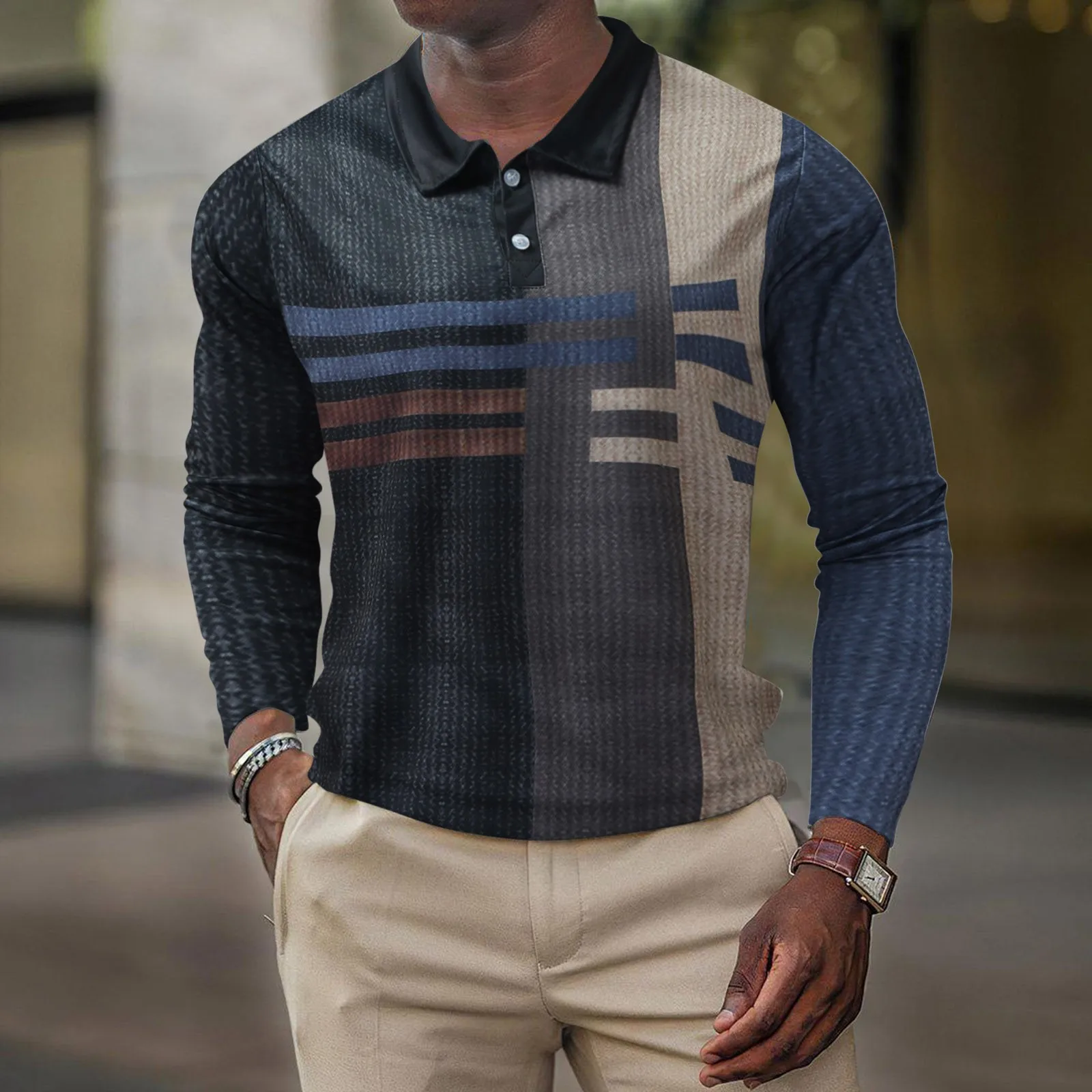 

Spring And Autumn Polo Shirt Men's Color Block Color Long Sleeve Tee Tops Slim Men's Social Dress Polo Shirt Casual Men's Shirts