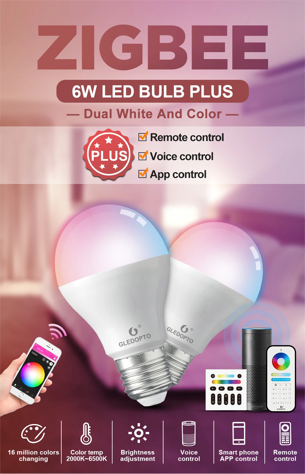 GLEDOPTO ZigBee samrt светодиодный светильник, 2 упаковки, меняющий цвет(RGB& CCT), e27, E26, 6 Вт, лампа, совместимая с Amazon Alexa, zigbee hub