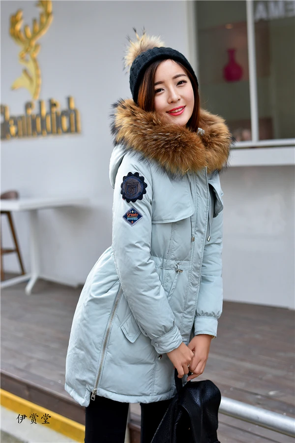 Korea fashion winter woman duck down jacket parkas lady coat with natural real fur collar hooded army green black sky blue pink