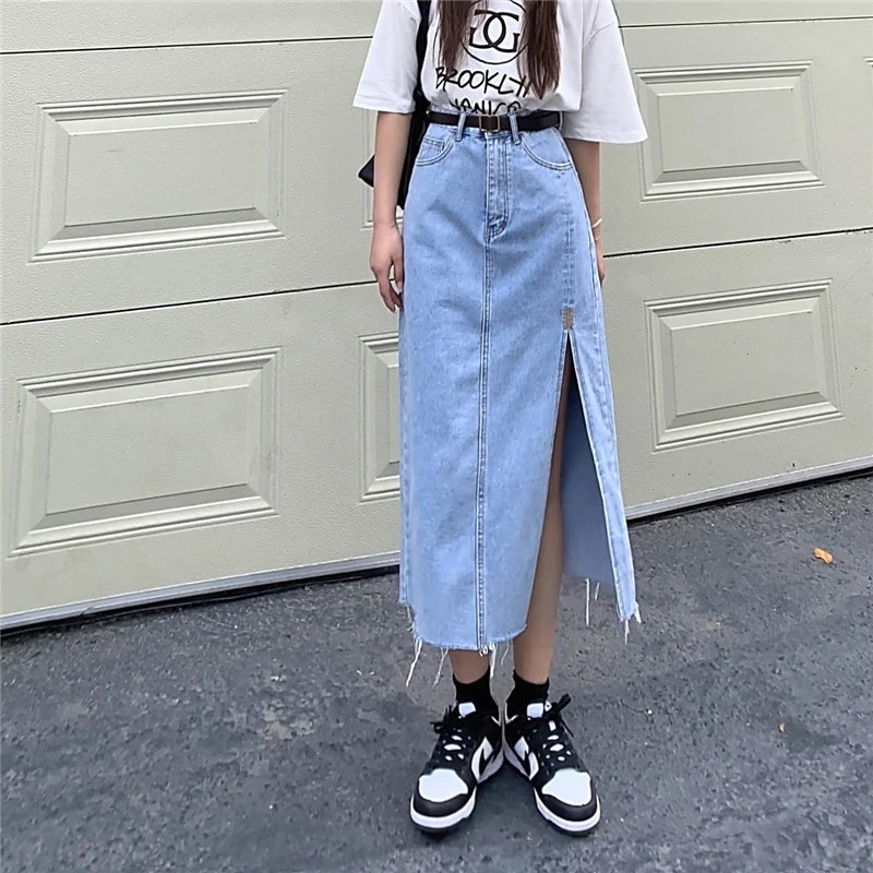 

Korean Fashion Split Skirts Womens Summer 2021 High Waist Blue Vintage Elegant Midi Denim Skirt Femme