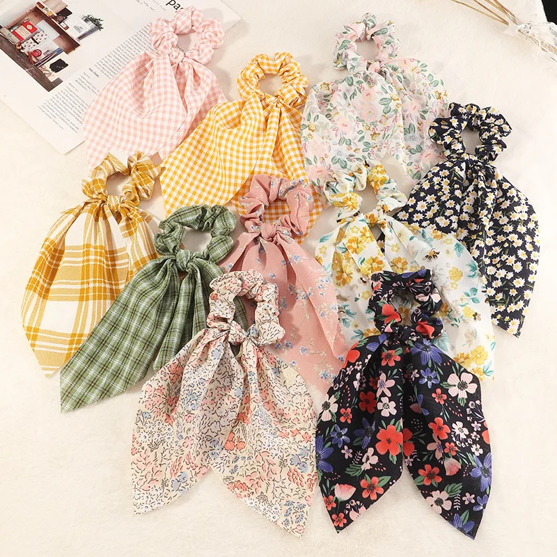 

New Korean version of floral small fresh hair ring streamer female wild horsetail large intestine ring ins sweet head jewelry