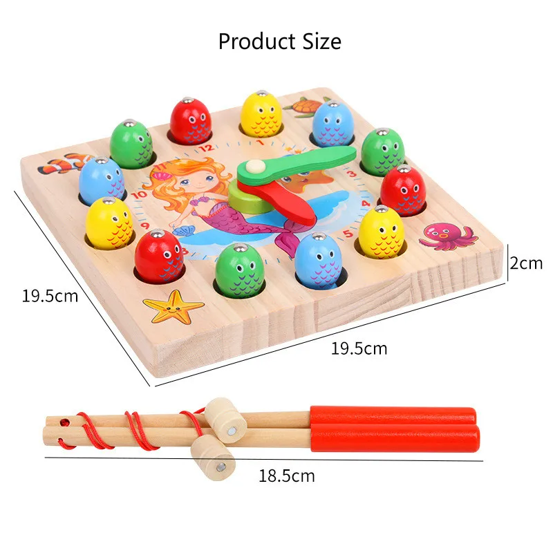 Детские деревянные магнитные рыболовные игрушки часы русалка два в одном игра