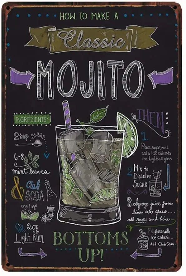 

Металлический Настенный знак, жестяной знак (как сделать классический Mojito), премиум-класса, для помещений, бара, кафе, прямоугольный плакат, ...