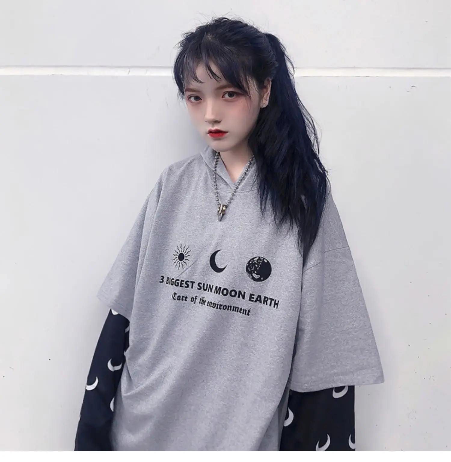 Harajuku уличная Винтажная Футболка для женщин, одежда, осень, корейский Ulzzang, с принтом, с капюшоном, Футболки женские, полный поддельные два топа