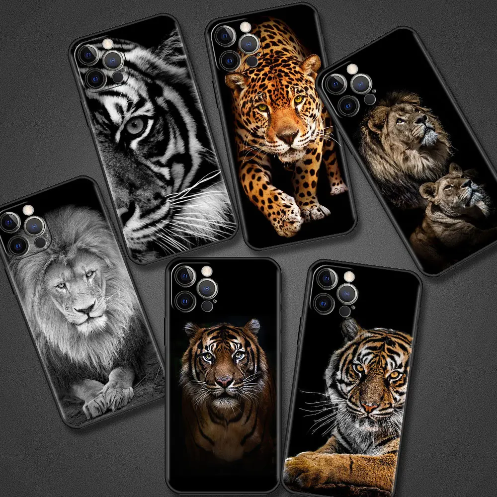Mobile Phone Case for Apple iPhone 14 11 12 13 Pro Max XR X 7 8 Plus XS Black Soft Cover SE 2020 Coque Lion Tiger Animal Bumper