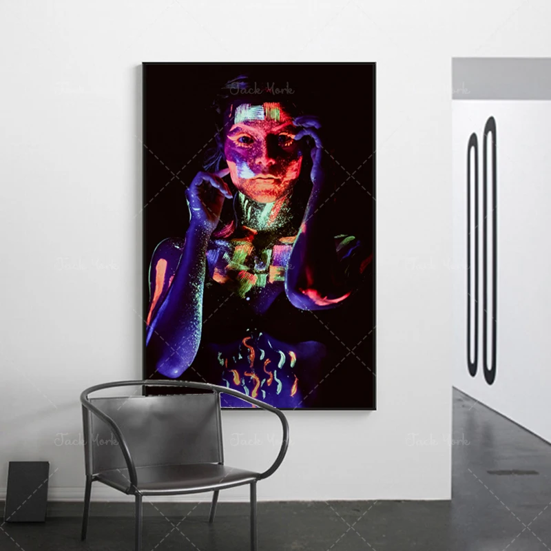 

Colorful Woman Canvas Art Painting Fluorescent Wall Art Posters and Prints Abstract Picture for Living Room Home Decoration