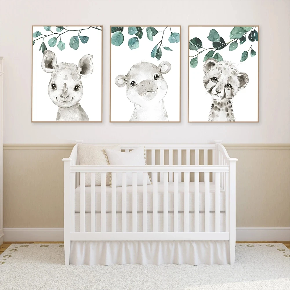 

Baby Animals Wall Art Canvas Painting Zebra Giraffe Nursery Poster Eucalyptus Leaf Prints Nordic Pictures Kids Room Decor