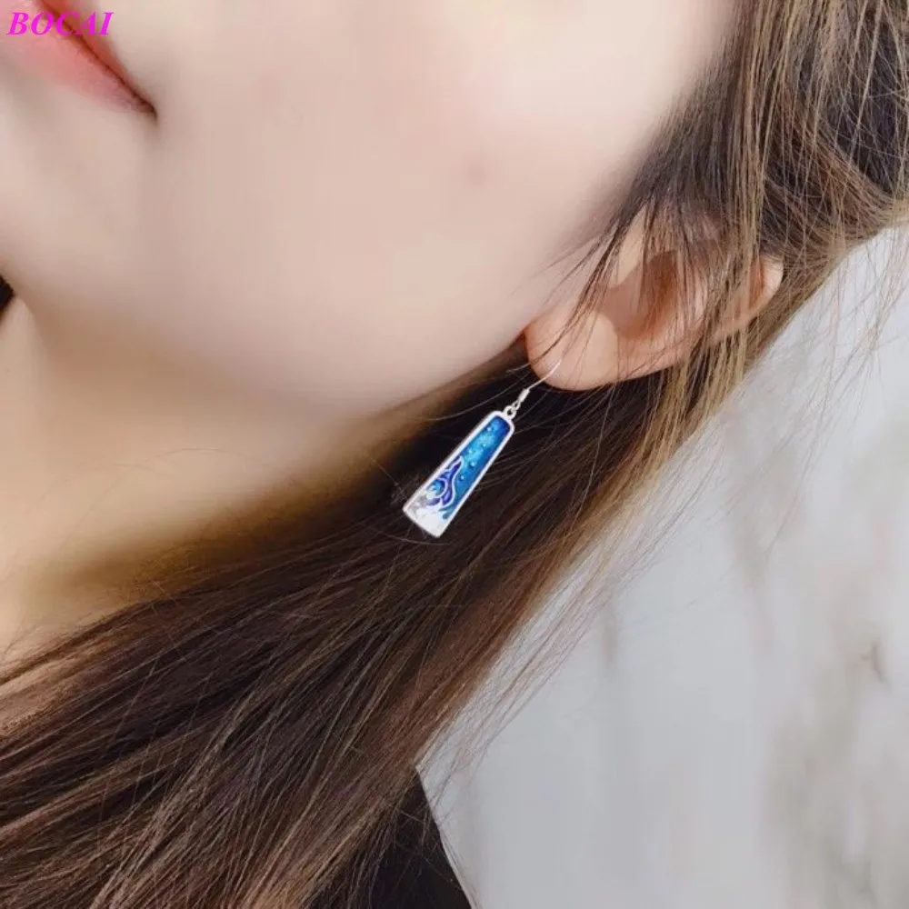 Серьги для женщин BOCAI S925 из стерлингового серебра в стиле Handmade Ladies Burnt Blue Mermaid Dreams Thai.