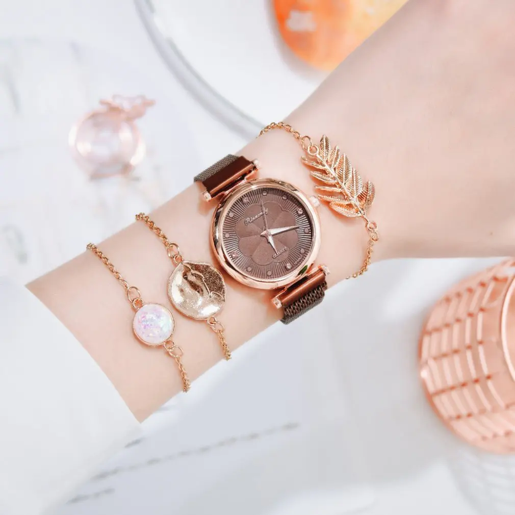 

Set Watch Women Magnet Buckle Flower Women Watch Bracelet Rose Gold Rhinestone Dress Ladies Watch Gift Set