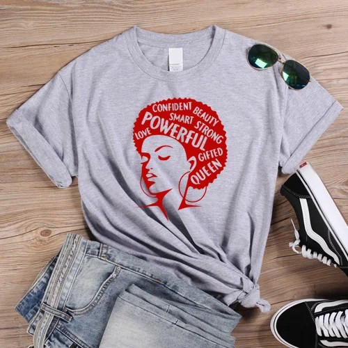 Gray-Red Афро леди Графический футболки для феминисток тройники черная девушка Волшебная футболка королева девушка мощные футболки рубашки женские винтажные меланин футболка - Цвет: Gray-Red