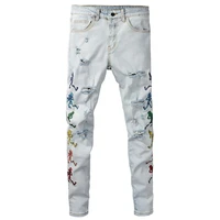 streetwear fashion men jeans light gray blue elastic slim ripped jeans men embroidery patch designer hip hop denim punk pants