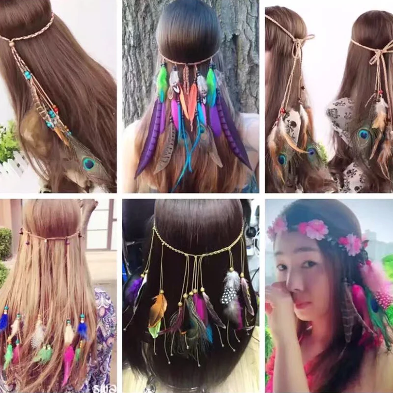 Богемные ретро этнические длинные кисточки перо павлина аксессуары для волос