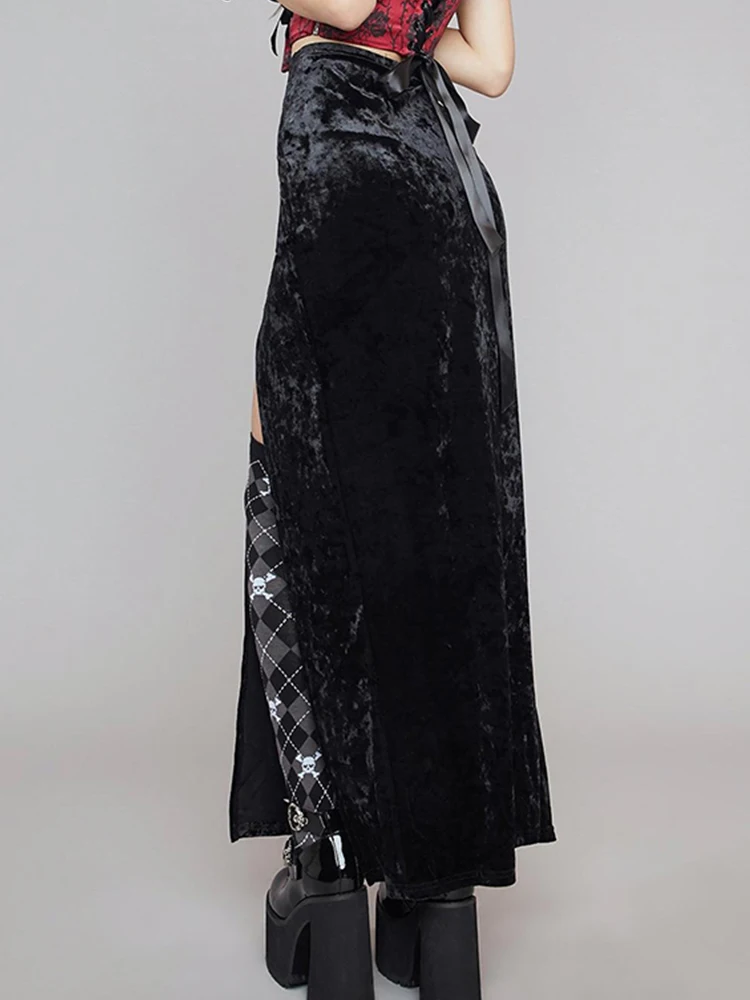 Винтажная черная бархатная юбка InsGoth с разрезом эстетичная Сексуальная