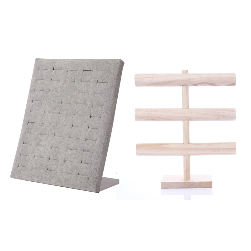 

Фланелевый органайзер для демонстрации колец и серег L-образного типа, 50 ячеек, 3-уровневый держатель для браслета из массива дерева