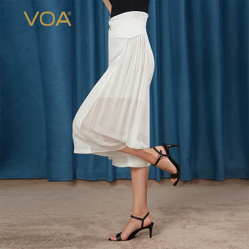 

VOA Silk 22m/m Off-White Jacquard High Waist One Button Mix Material Stitching Organ Pleated Cropped Wide Leg Woman Pants KE57