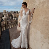sexy mermaid wedding dresses custom made floor length flare sleeve o neck button appliqued 2021 new bridal gowns