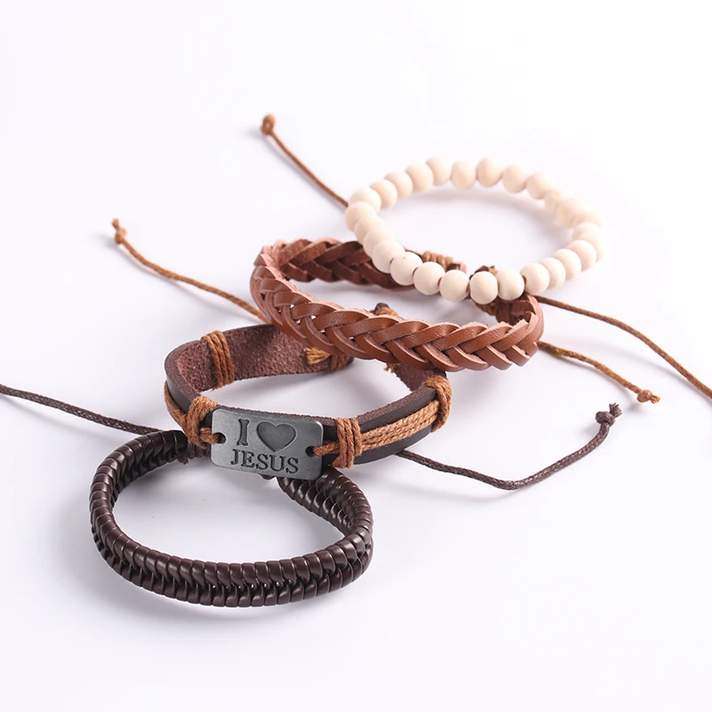 

I Love Jesus Leather Bracelet Adjustable Men's Wristband Bracelet Bracelet 4 Combination Set Charm Bracelet Punk