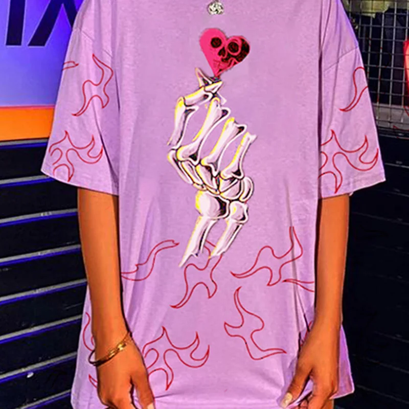 

Humor Skulls Heart Print Loose Woman Tshirts Pink Tops New Short Sleeve Casual Lady Kawaii Clothes Summer Plus Size French Style