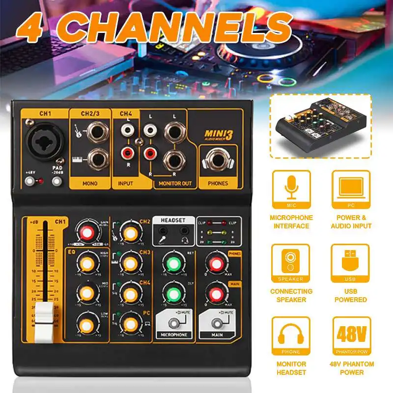 Мини Портативный 4 канала USB Микшер Live Studio аудио микшерный пульт DJ звук DC 48 В усилитель для караоке KTV матч вечерние музыка
