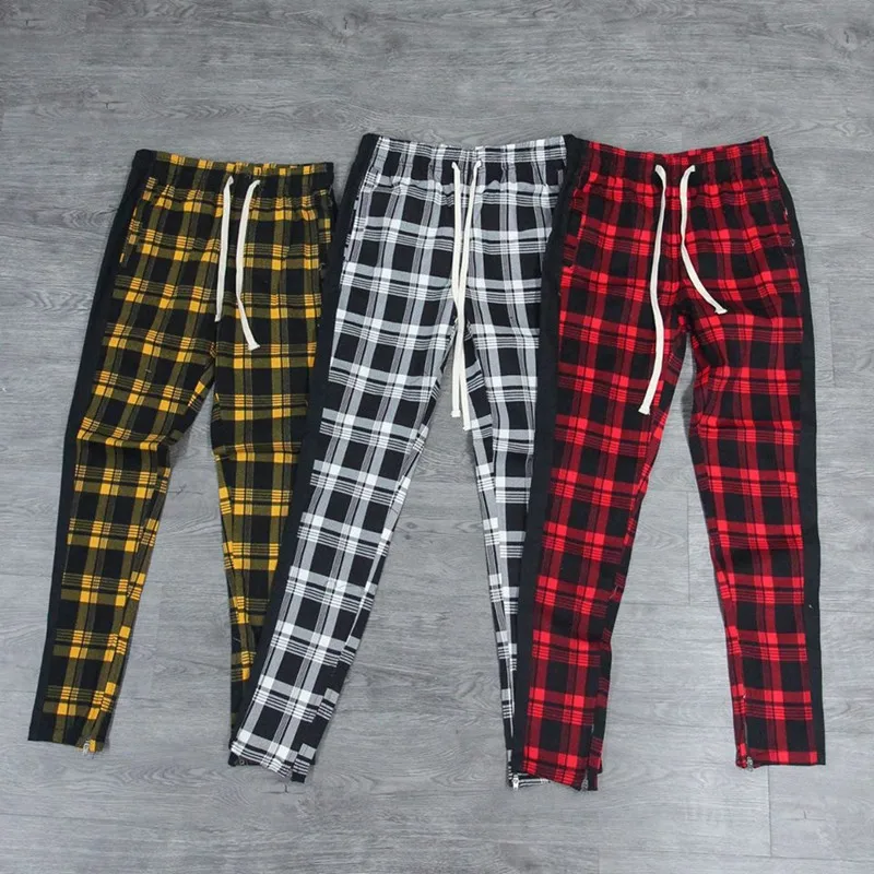 2019 spring and summer fashion pocket Men's Slim Fit Plaid Straight Leg Trousers Casual Pencil Jogger Pants |