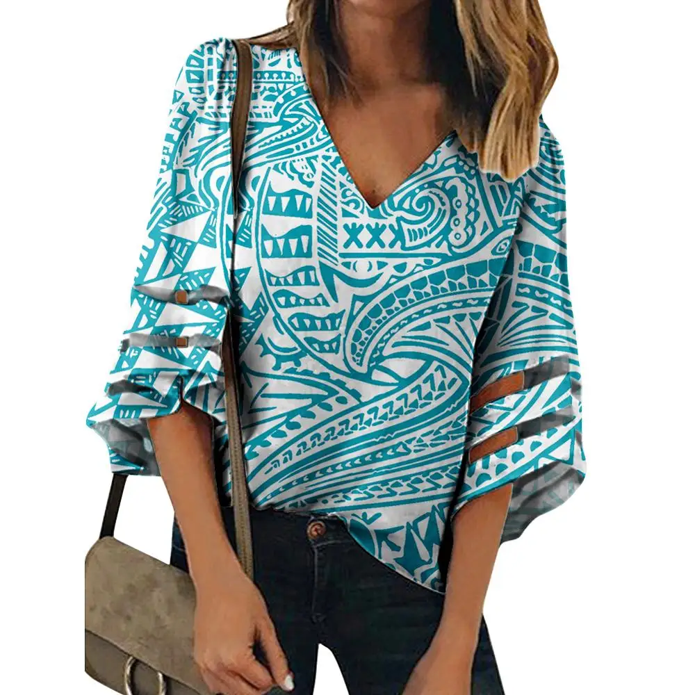 Chic V Neck Floral Print Soft Blouse Casual Loose Shirt Bell Sleeve Chiffon Tops Travel Shopping Clothes Women Polynesian style
