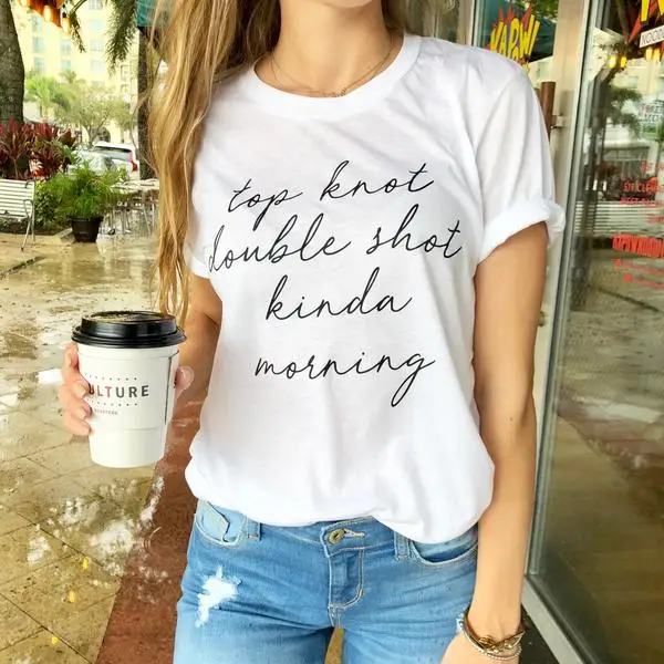 

Knot Double Shot Kinda Morning Tee Women Fashion Funny Slogan Tumblr T-shirt Goth Unisex Coffee Gift Art Tops Top