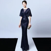 blue sequined v neck batwing sleeve elegant long mermaid evening party dress club wear sexy ladies dresses for special occasions