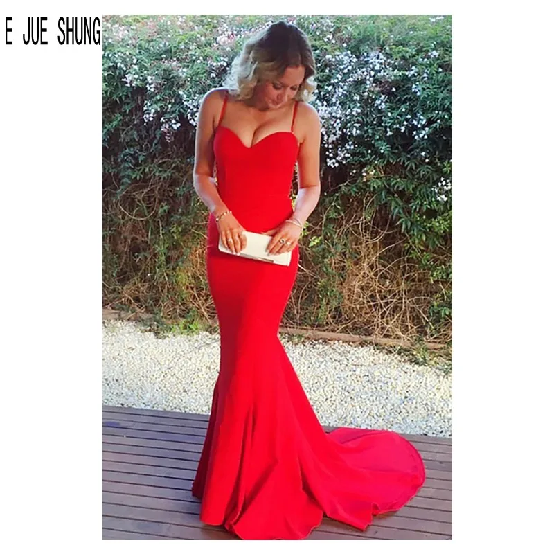 

E JUE SHUNG Simple Red Mermaid Evening Dresses Spaghetti Strap Party Gowns Backless Sweetheart Prom Dresses robe de mariee