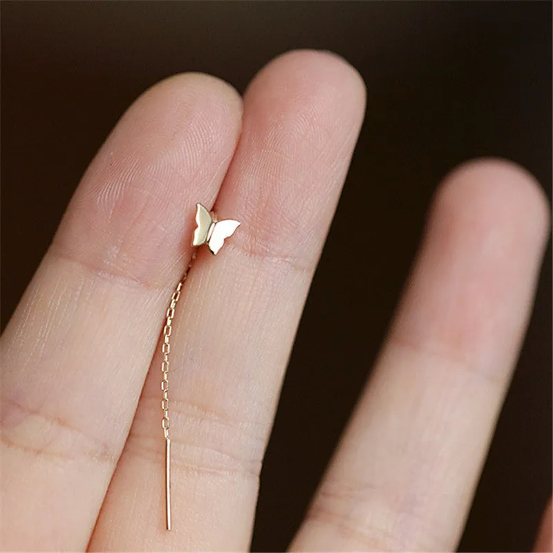 

925 Sterling Silver Korean Simple Butterfly Stud Earrings For Women 14k Gold Long U-shaped Tassel Earrings Fashion Jewelry