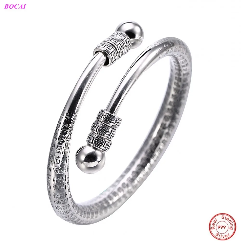 

BOCAI S999 Sterling Silver Bangle Thai Silver Craft Bracelet Buddhist Culture Great Compassion Mantra Woman's Silver Bracelet