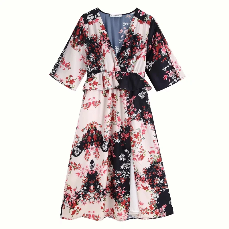 2019 новое летнее женское платье с v образным вырезом и цветочным принтом сшитое