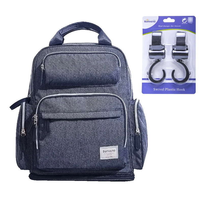 Navy blue with hooks SUNVENO, модная сумка для подгузников, рюкзак, большая вместительность, сумка для мам, рюкзак для мам, стильная коляска, детские пеленки, сумки для мам - Цвет: Navy blue with hooks