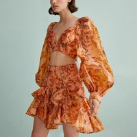 patchwork ruffles suit casual print women v neck lantern long sleeve short top high waist two piece sets female new