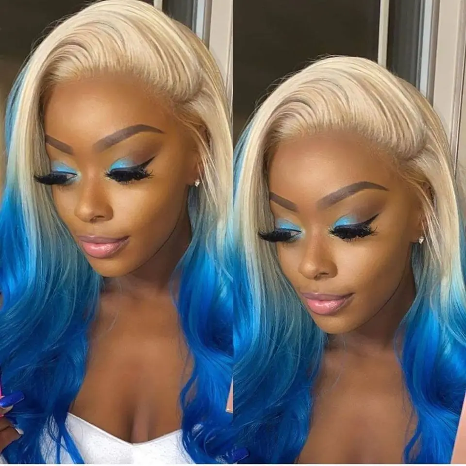 

Unique Ombre Blonde Blue Body Wave Lace Front Wig Pre-Pluck Hairline Virgin Human Hair 180 Density