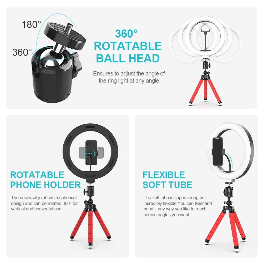 

DRECURN 26/16cm LED Photographic Lighting With Flexible Tripod Stand Ring Light Phone Holder Selfie Dimmable Lamp Ringlight