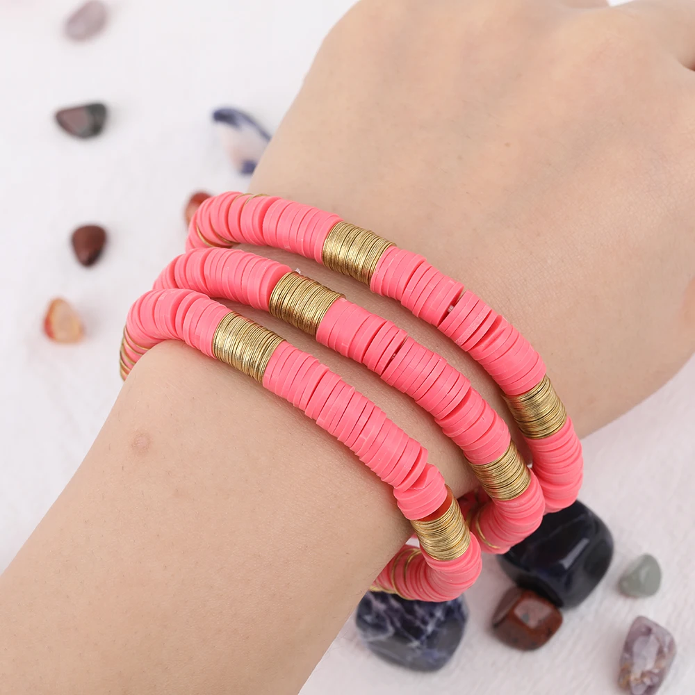 

5Pcs Pink Color Flat Rondelle Vinyl Beads 8mm Gold Copper Sheets Elastic String Bracelet Boho Polymer Clay Heishi Beads Bracelet